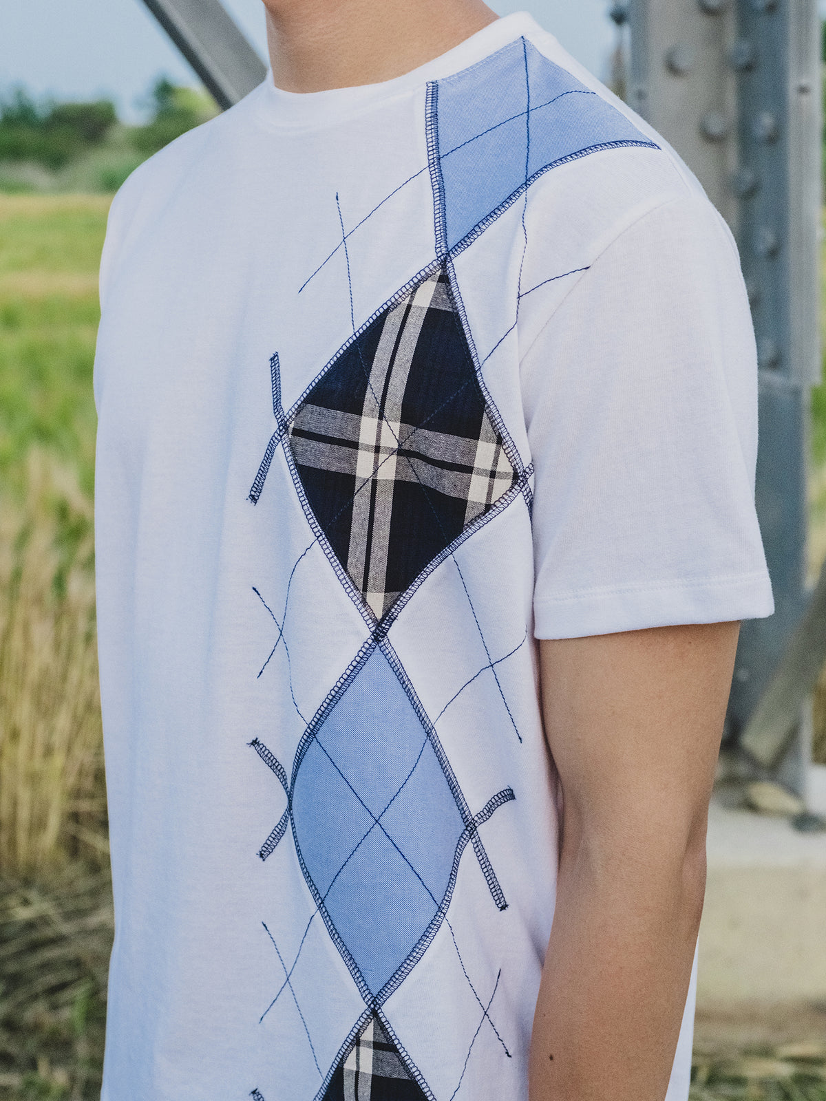 AUROKAWA Rustic Argyle Tee — White