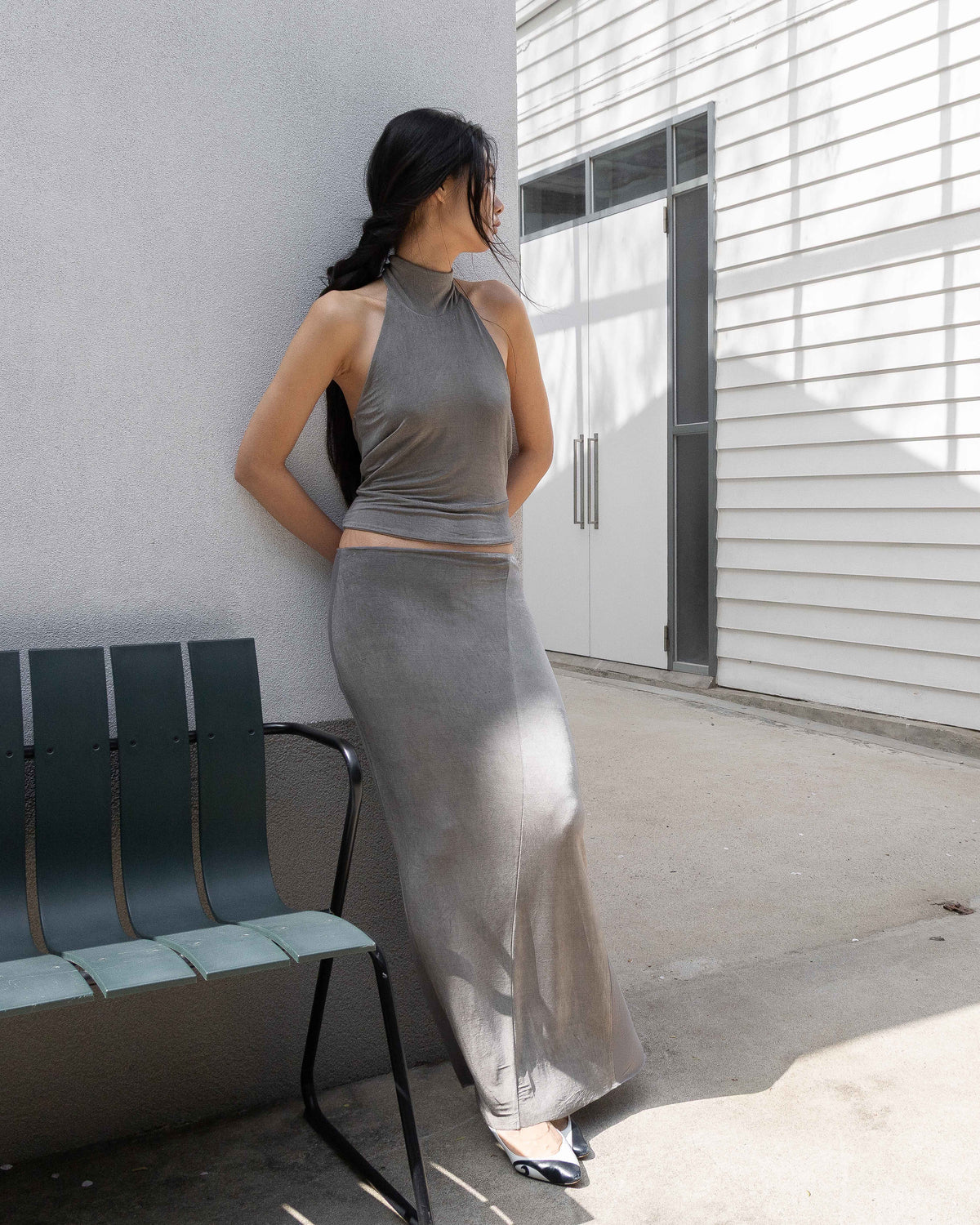 PERSONAL LANGUAGE Block scarf halter Smoke with Drop skirt II