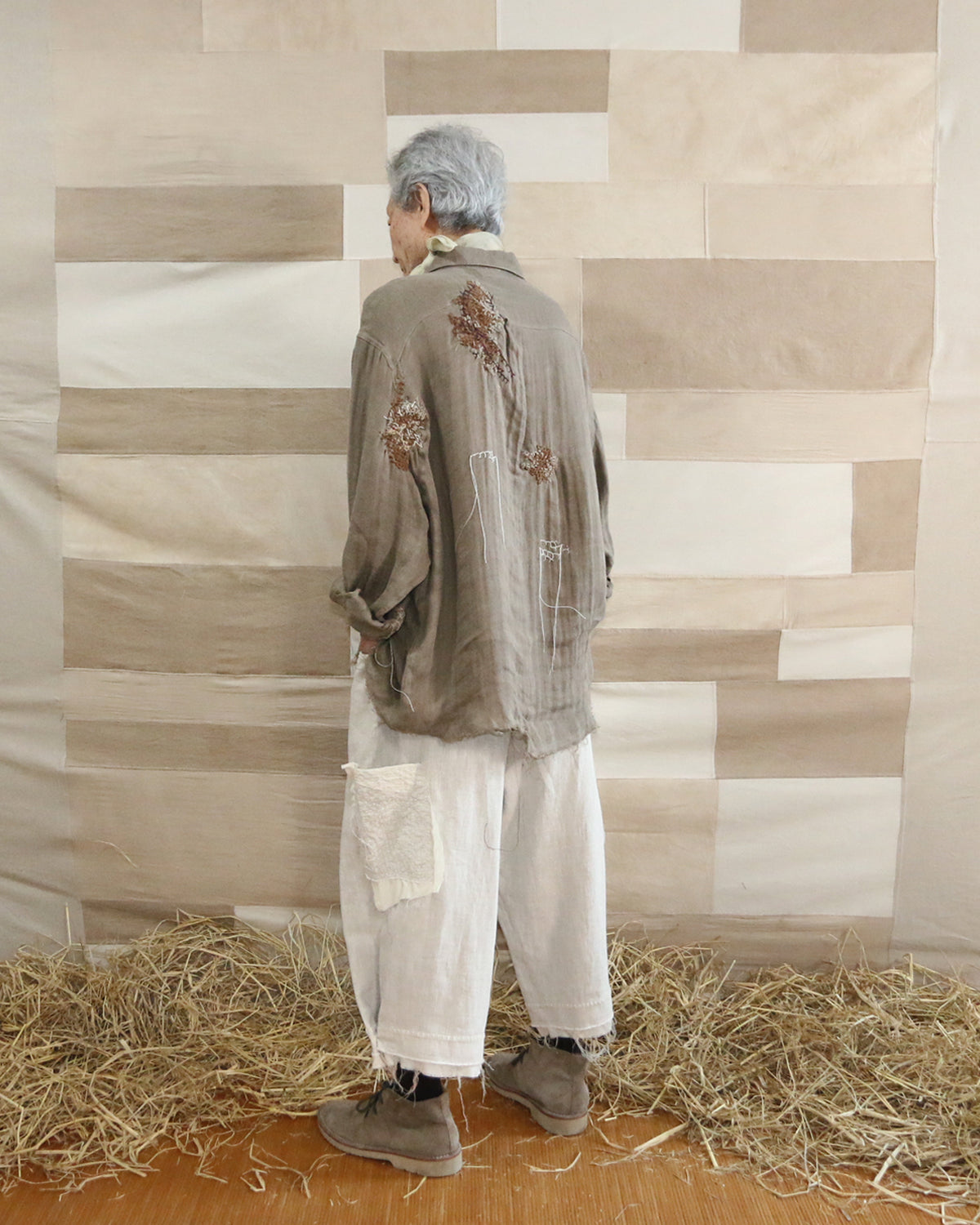 AUROKAWA Cross Stitch Crop Pants — Natural