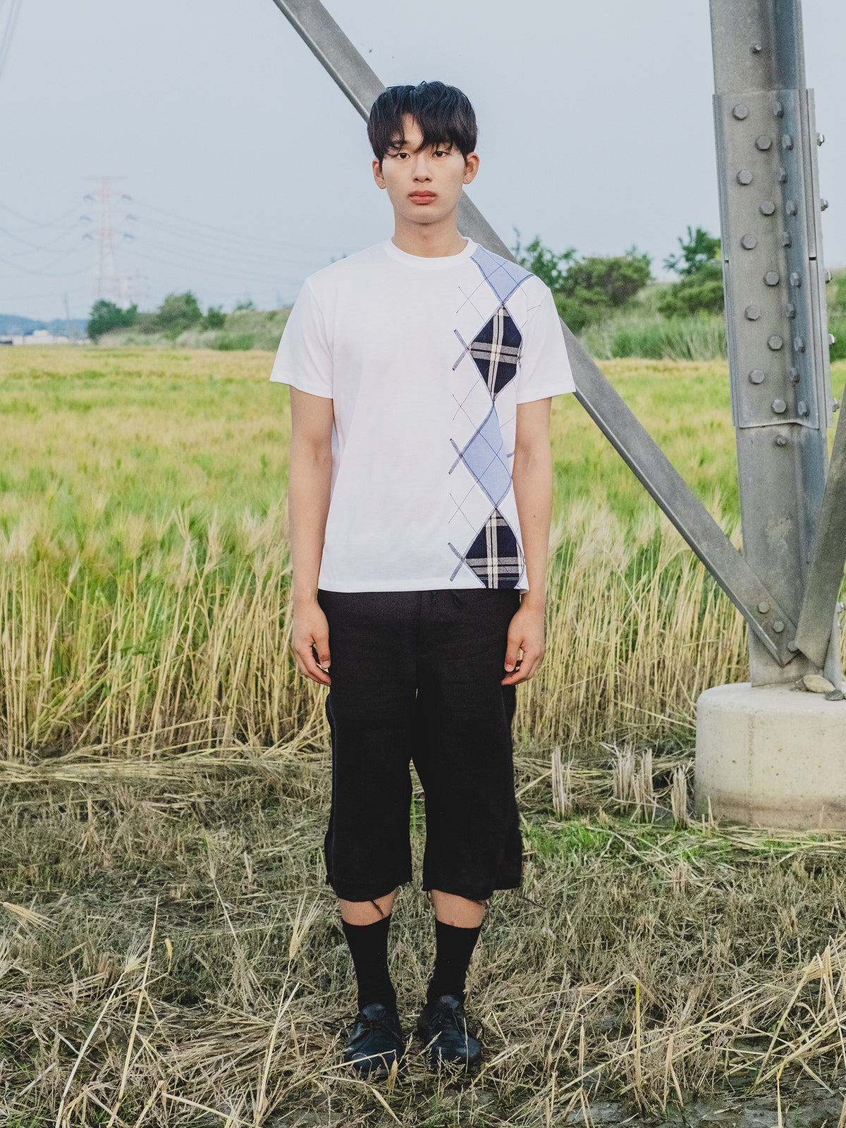 AUROKAWA Rustic Argyle Tee — White