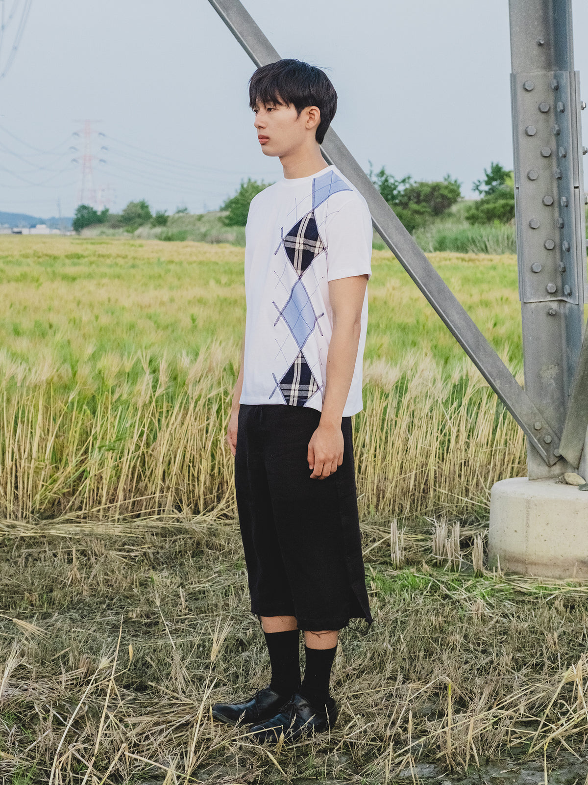 AUROKAWA Rustic Argyle Tee — White