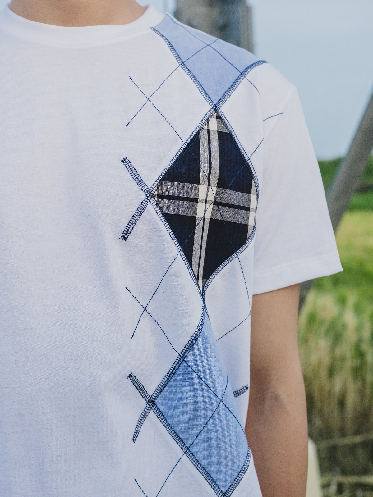 AUROKAWA Rustic Argyle Tee — White